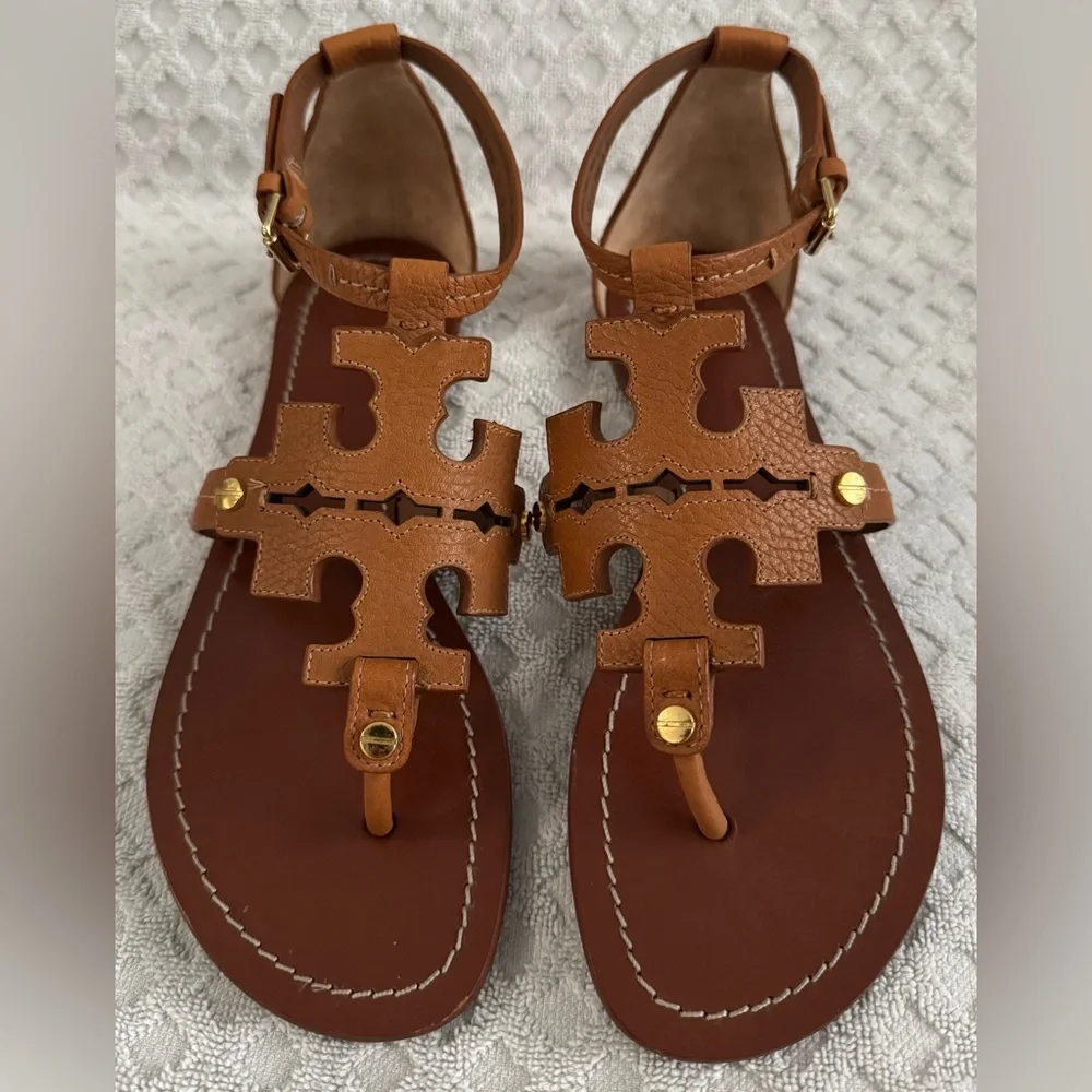 Tory Burch Phoebe Flat Thong Tumbled Leather Sandal Royal Tan Brown Size 6 30437 - Picture 3 of 16